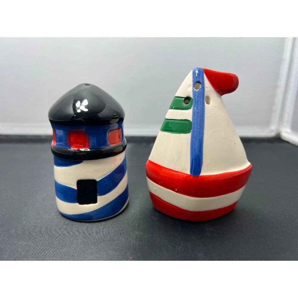 Nautical Salt and Pepper Shakers Lighthouse Sailboat‎ Ceramic Kitchen Decor